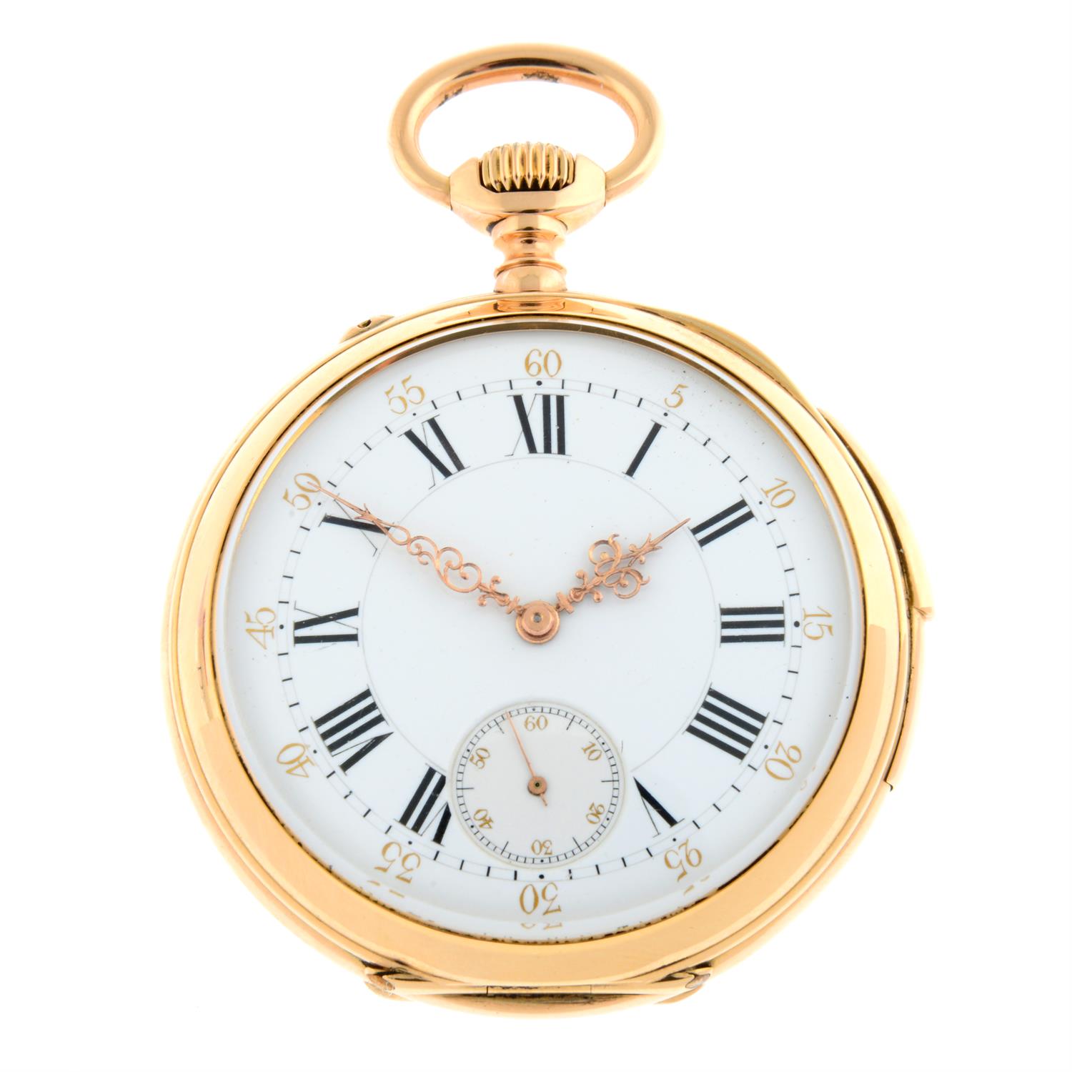 A yellow metal open face quarter repeater pocket watch, 52mm.