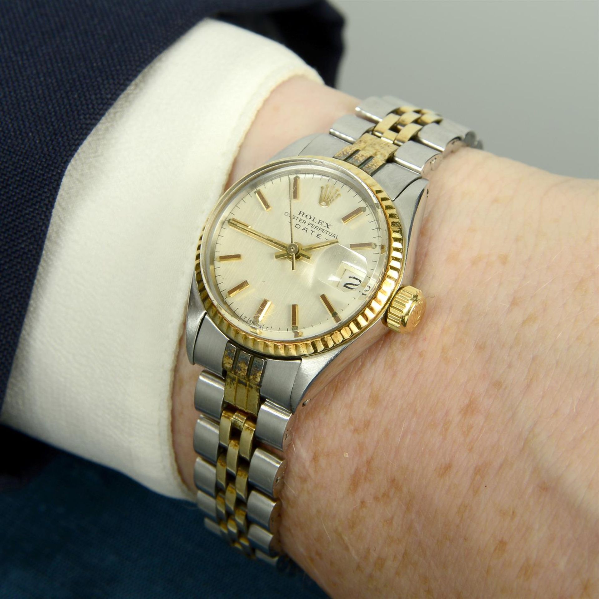 ROLEX - a bi-metal Oyster Perpetual Date bracelet watch, 28mm. - Image 6 of 7