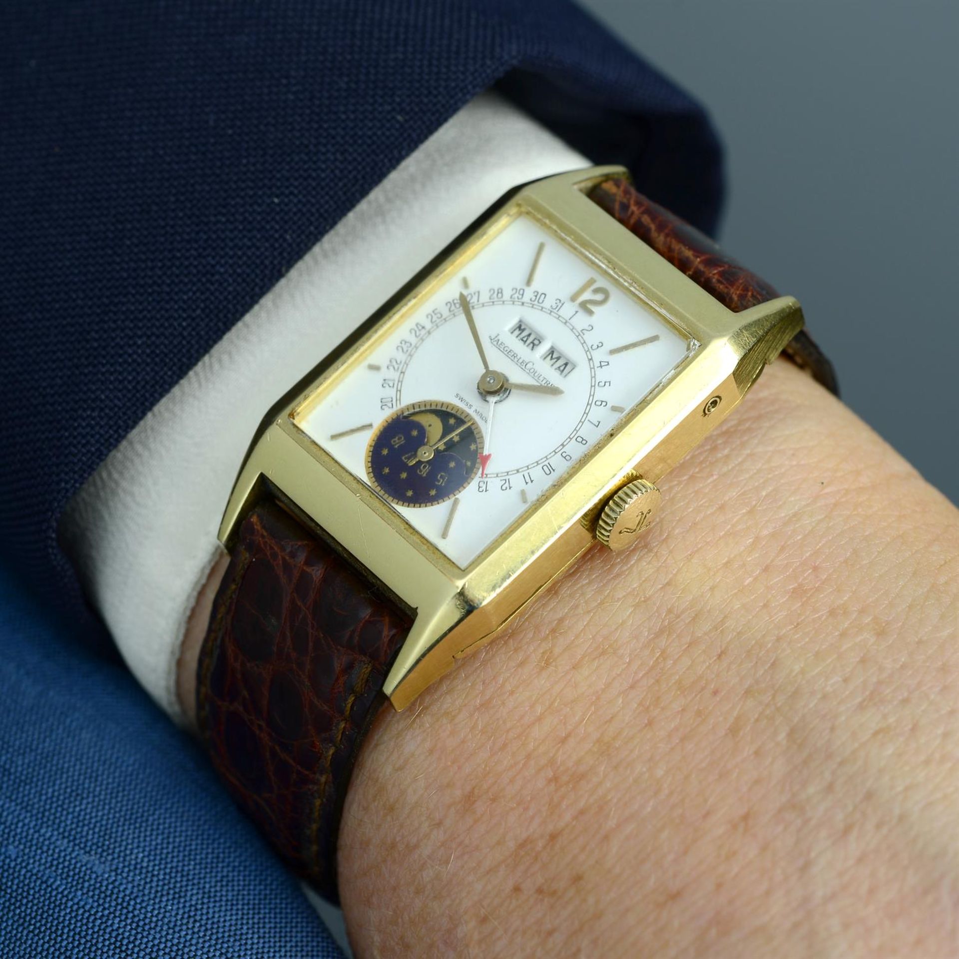 JAEGER-LECOULTRE - an 18ct yellow gold Serie Unique triple-calendar moonphase wrist watch, 24mm. - Image 6 of 7