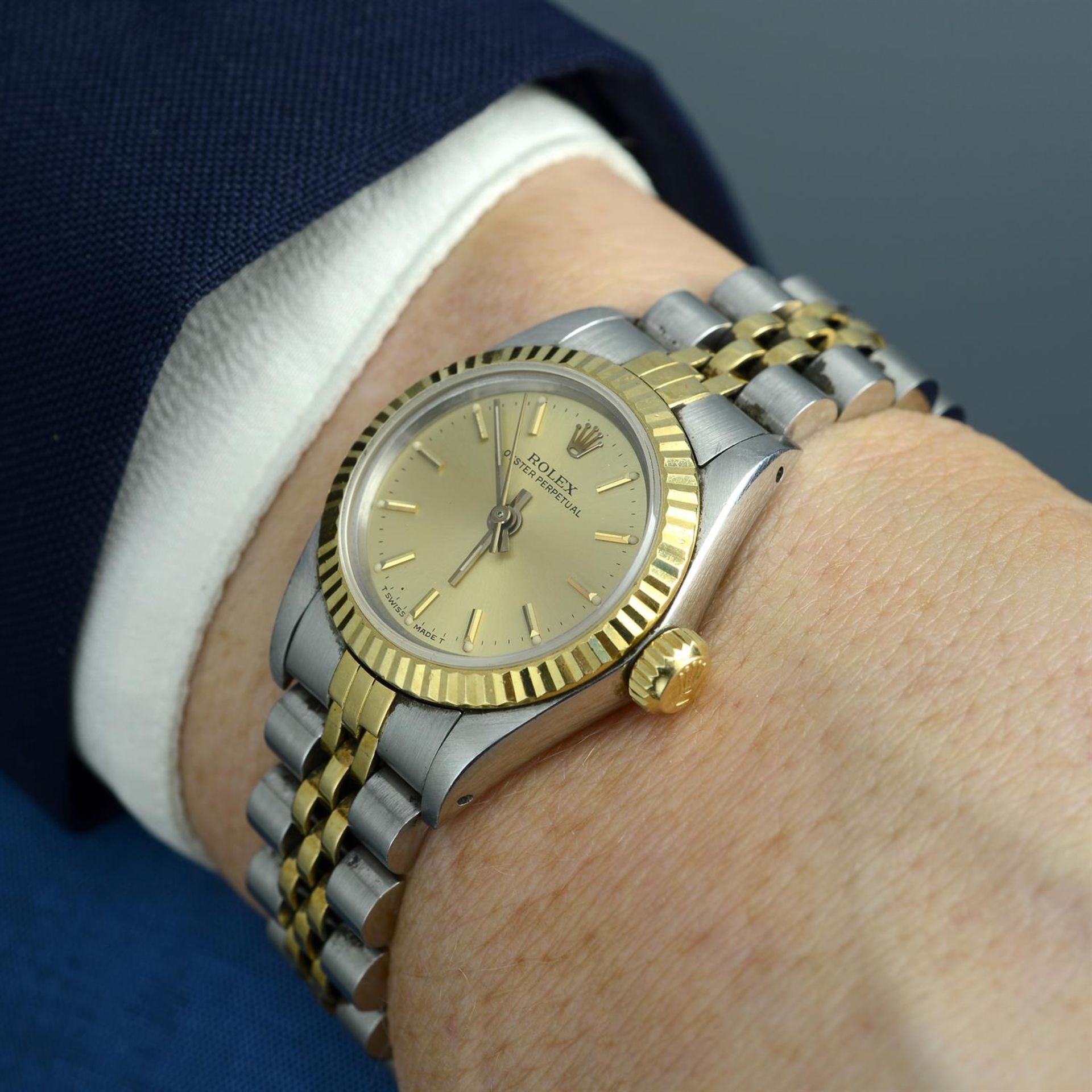 ROLEX - a bi-metal Oyster Perpetual bracelet watch, 24mm. - Image 5 of 5