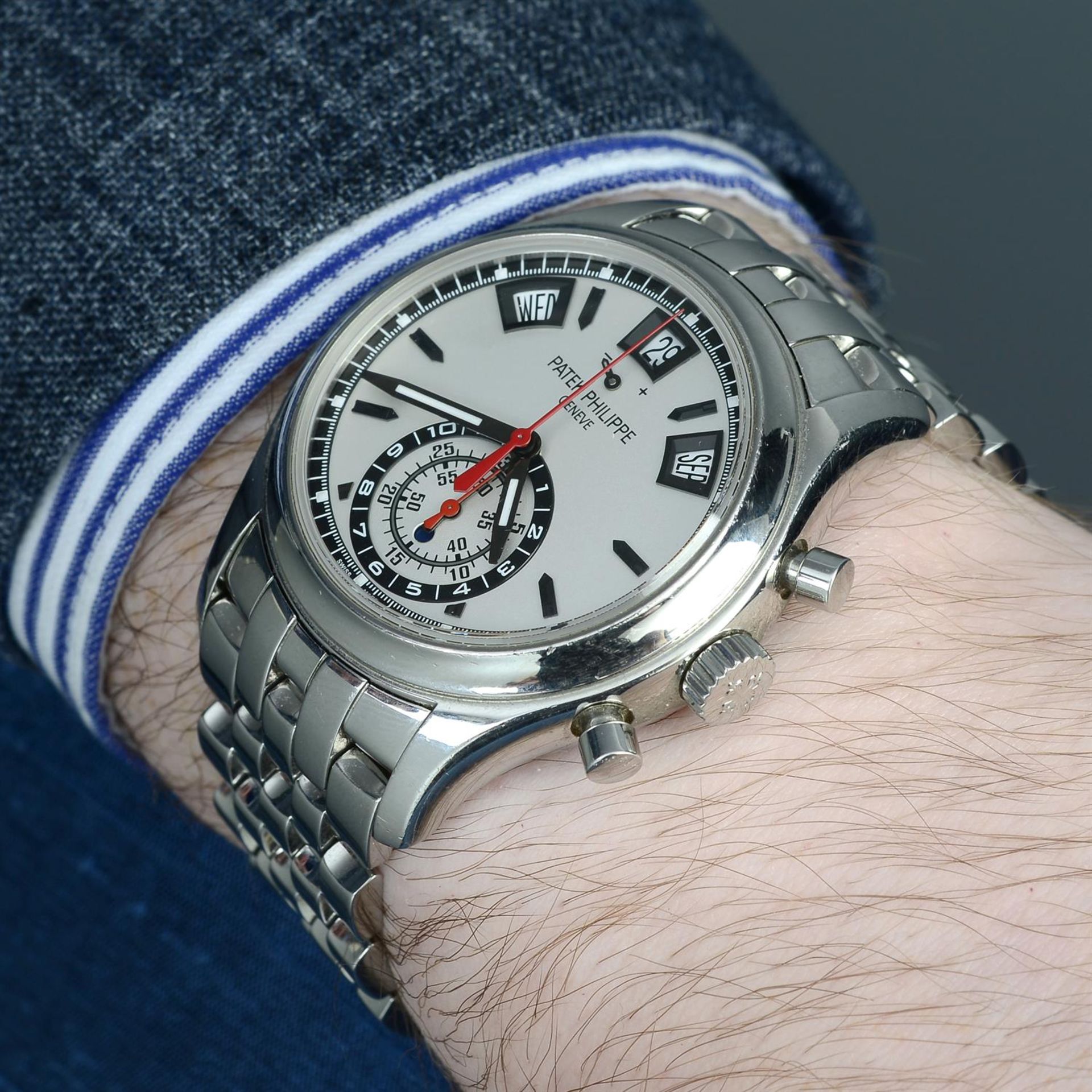 PATEK PHILIPPE - a stainless steel GMT Annual Calendar chronograph bracelet watch, 40mm. - Image 5 of 6