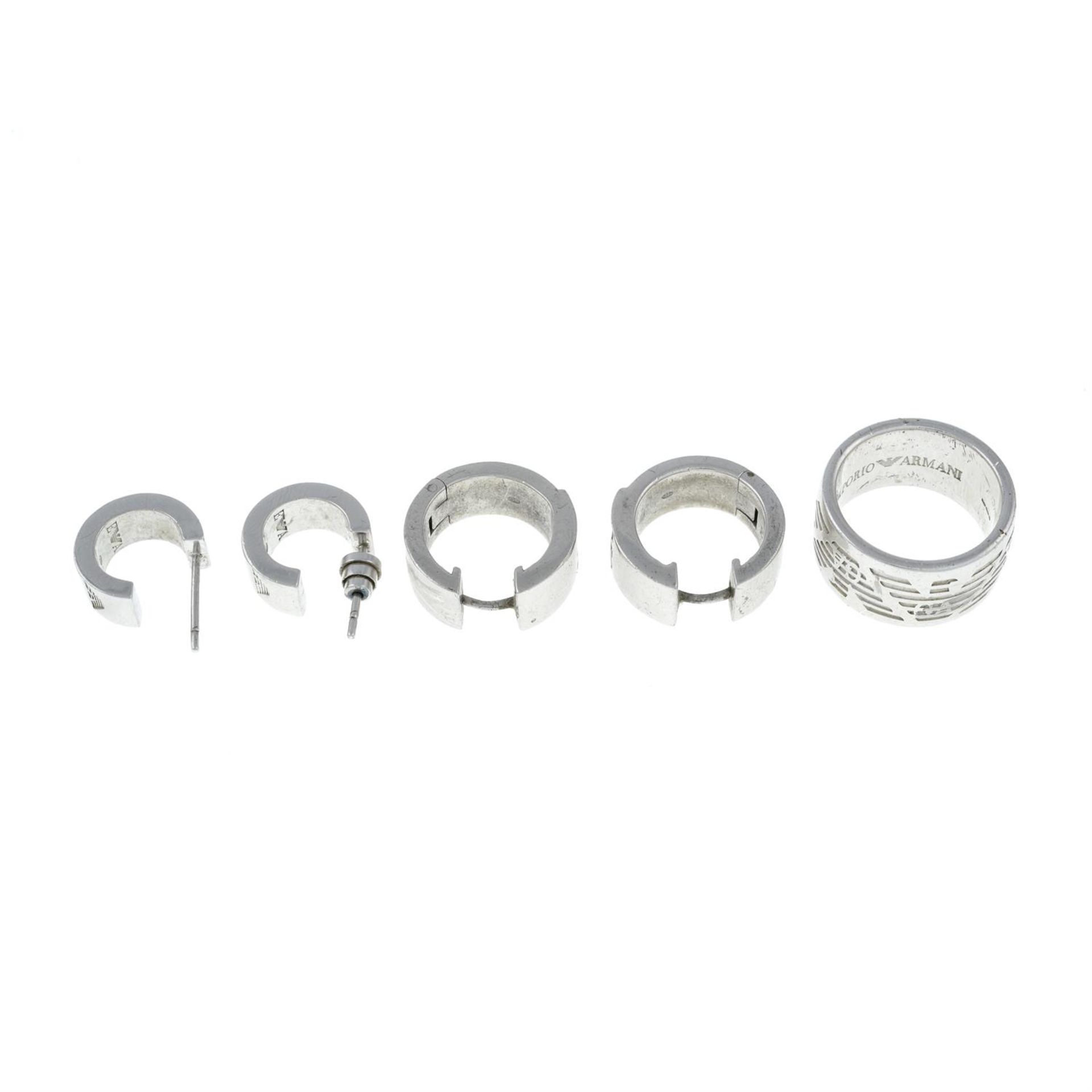 ARMANI - two pairs of stud clear paste hoop earrings and a ring. - Image 2 of 2