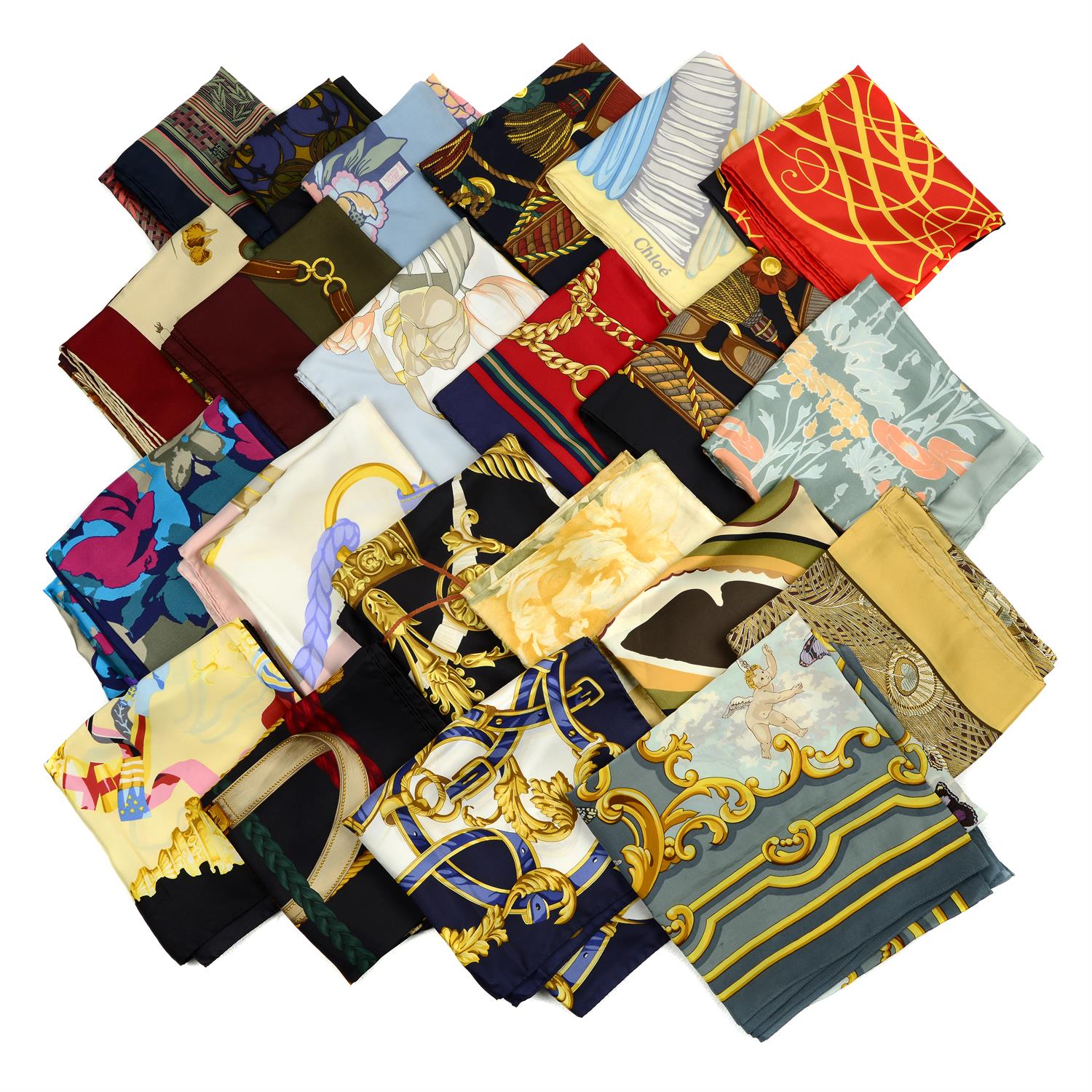A selection of twenty-two silk scarves.