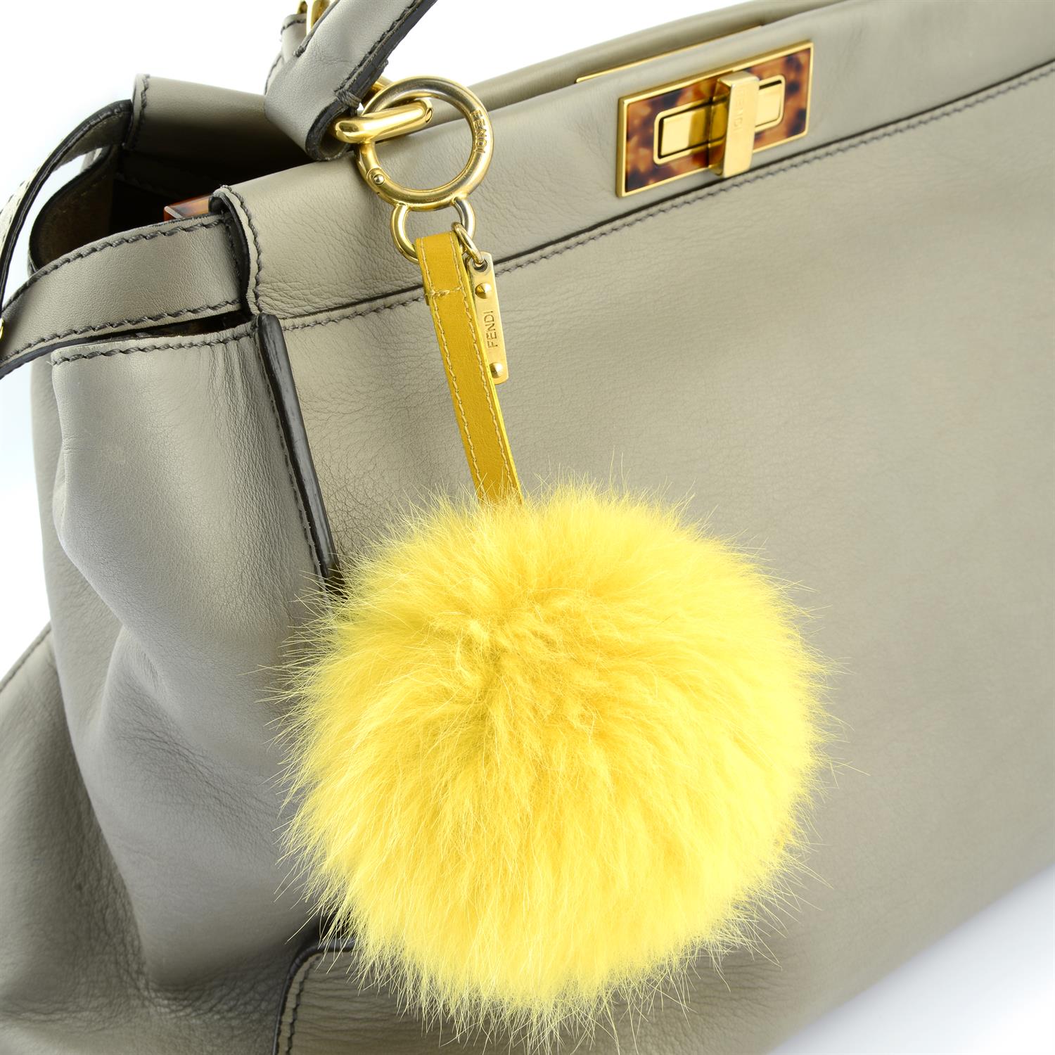 FENDI - a grey leather Peekaboo tote bag with yellow fox fur pompom. - Image 5 of 5