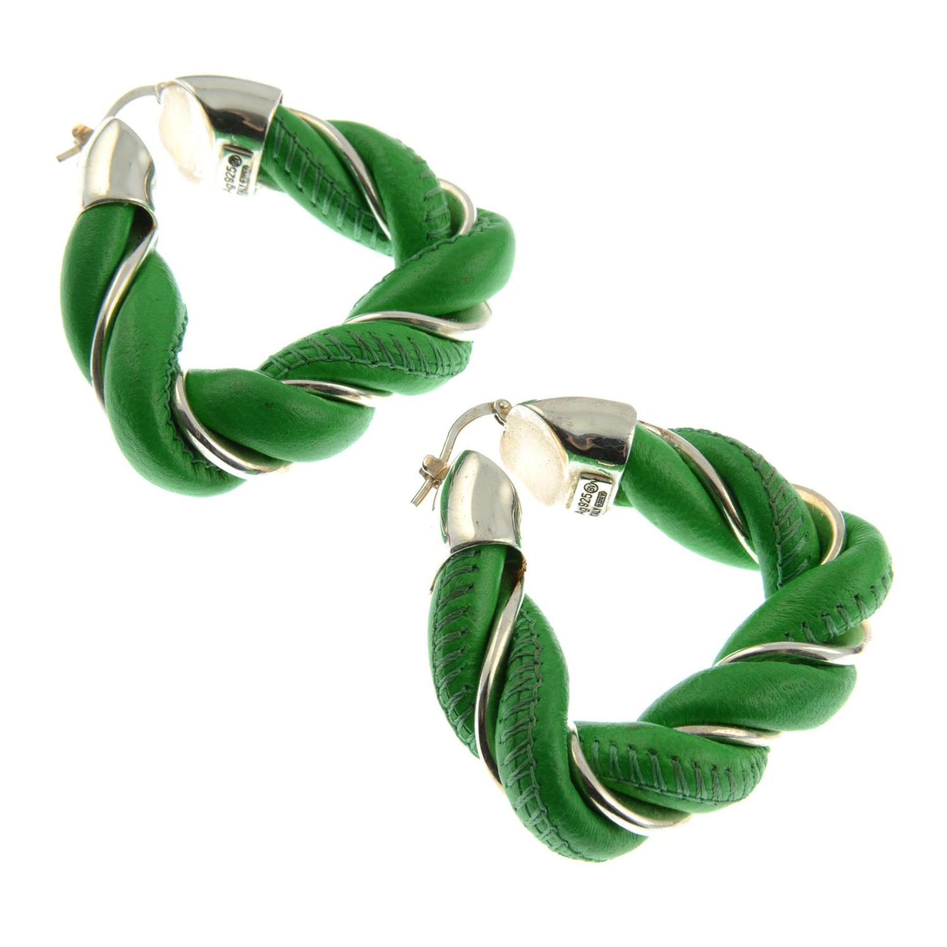 BOTTEGA VENETA - a pair of silver and green leather twisted hoop earrings. - Image 2 of 3