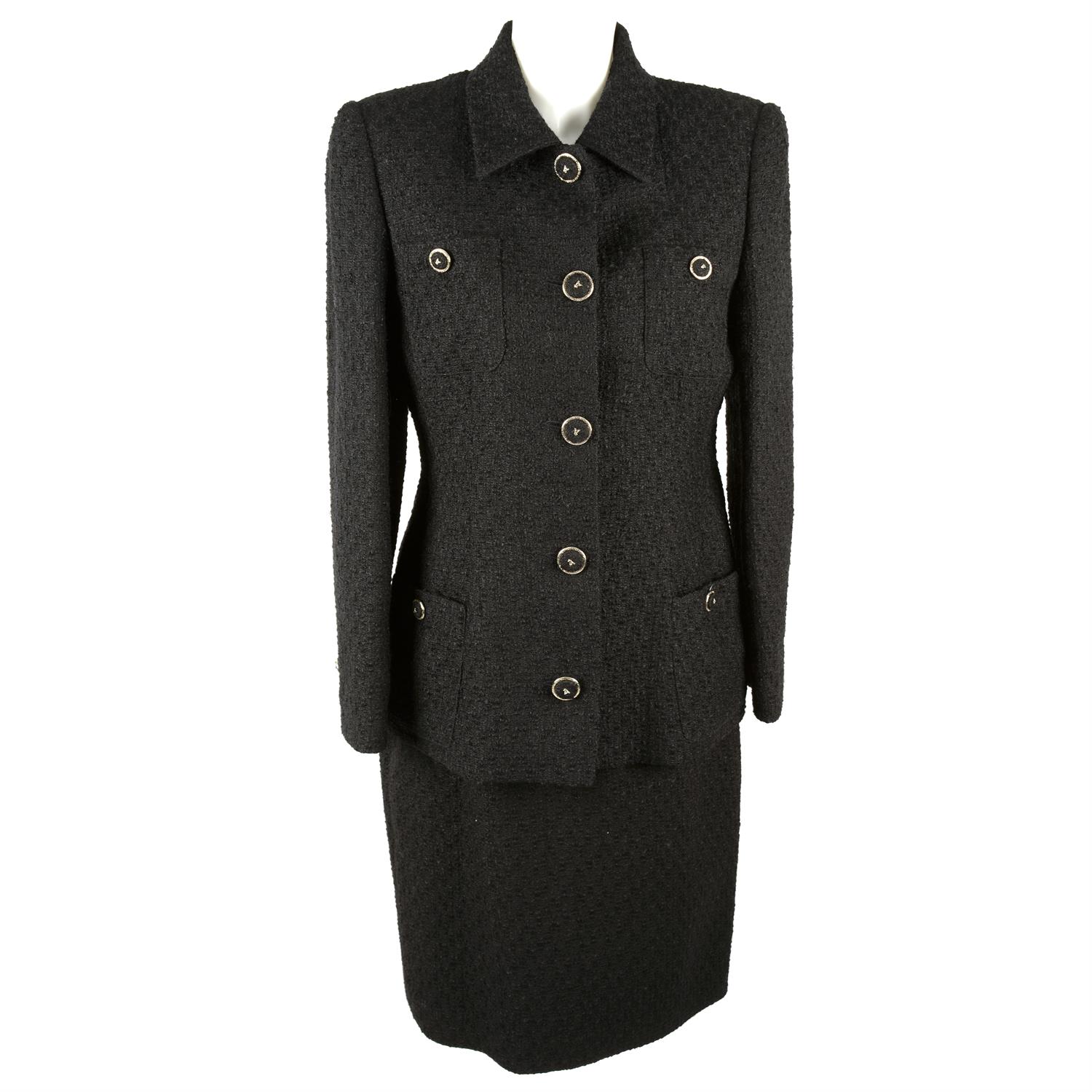 VERSACE - a black tweed jacket and skirt.