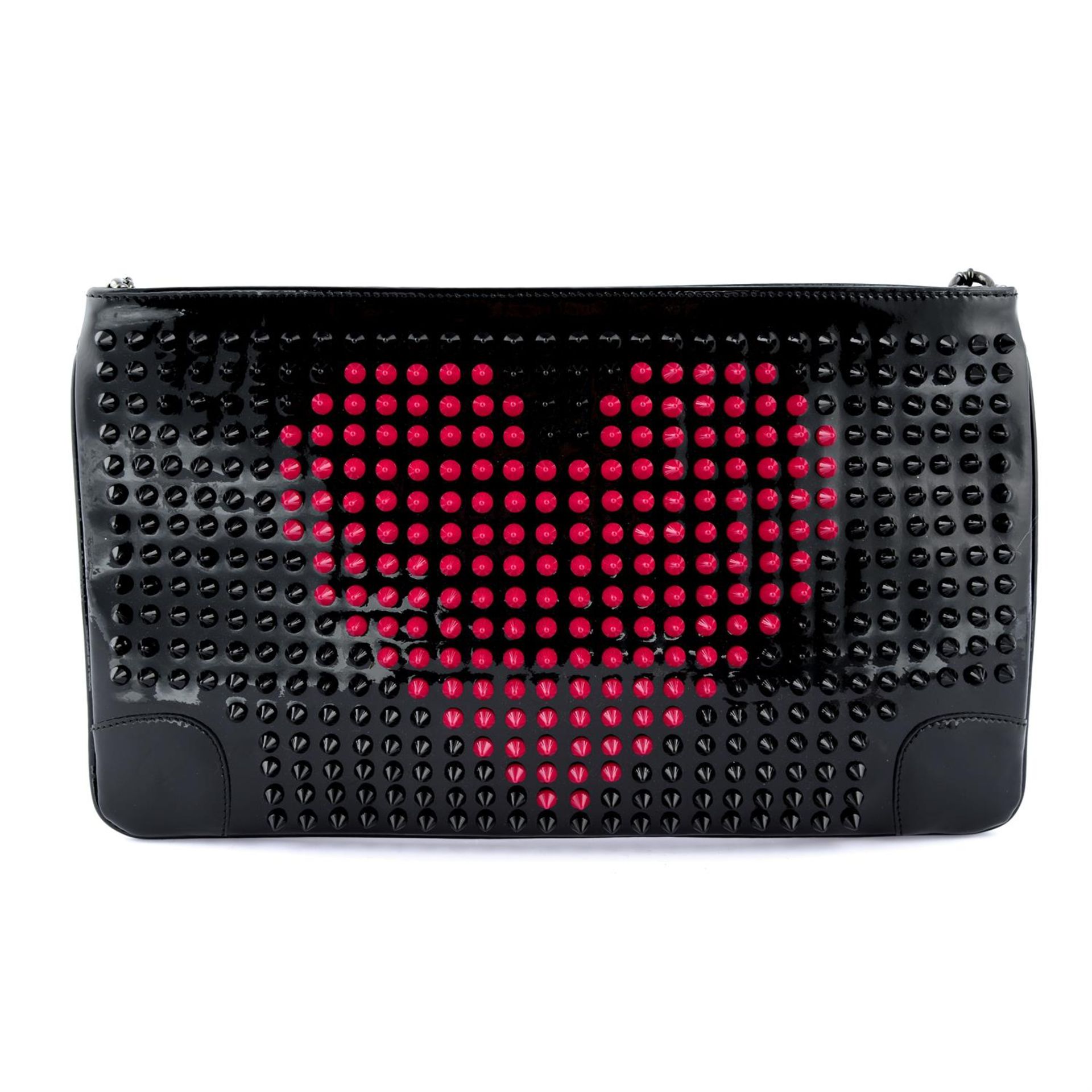 CHRISTIAN LOUBOUTIN - a black patent leather spiked Loubiposh Valentines clutch bag.