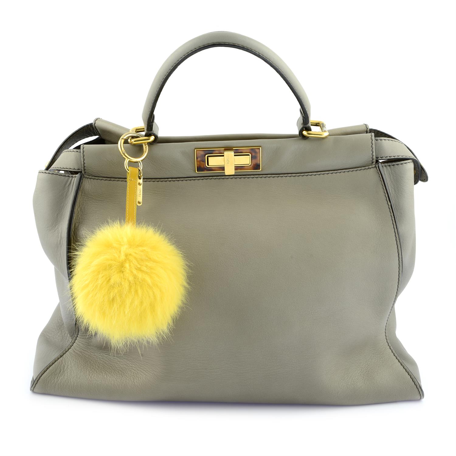 FENDI - a grey leather Peekaboo tote bag with yellow fox fur pompom.