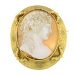 A late 19th century gold shell cameo brooch, depicting Flora.