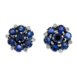 A pair of sapphire and old-cut diamond cluster earrings.