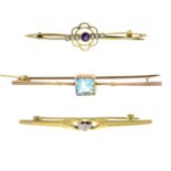 Three early 20th century and later 9ct gold gem-set bar brooches.