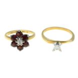 A brilliant-cut diamond single-stone ring, together with a garnet and brilliant-cut diamond floral