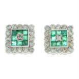 A pair of 18ct gold emerald and single-cut diamond square-shape earrings.
