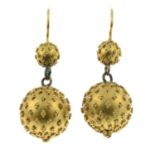 A pair of late 19th century gold drop earrings, with cannetille detail.