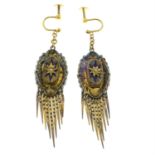 A pair of late 19th century enamel and split pearl fringe earrings.