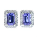 A pair of 18ct gold tanzanite and brilliant-cut diamond rectangular-shape cluster earrings.