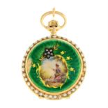An early 20th century gold enamel, split pearl and rose-cut diamond fob watch.