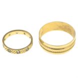 Two 9ct gold band rings, one with colourless gem accent.