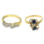 An 18ct gold sapphire and diamond stylised ring together with an 18ct gold diamond cluster