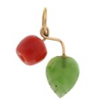 A mid 20th century gold coral and nephrite apple charm / pendant.