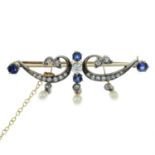 An early 20th century sapphire, pearl and old-cut diamond brooch.