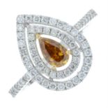An 18ct gold coloured diamond and brilliant-cut diamond pear-shape dress ring.