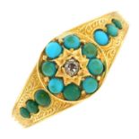 A late 19th century gold turquoise and old-cut diamond memorial ring, with glazed panel.