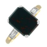 A bloodstone single-stone bi-colour ring with rectangular-cut diamond shoulders.