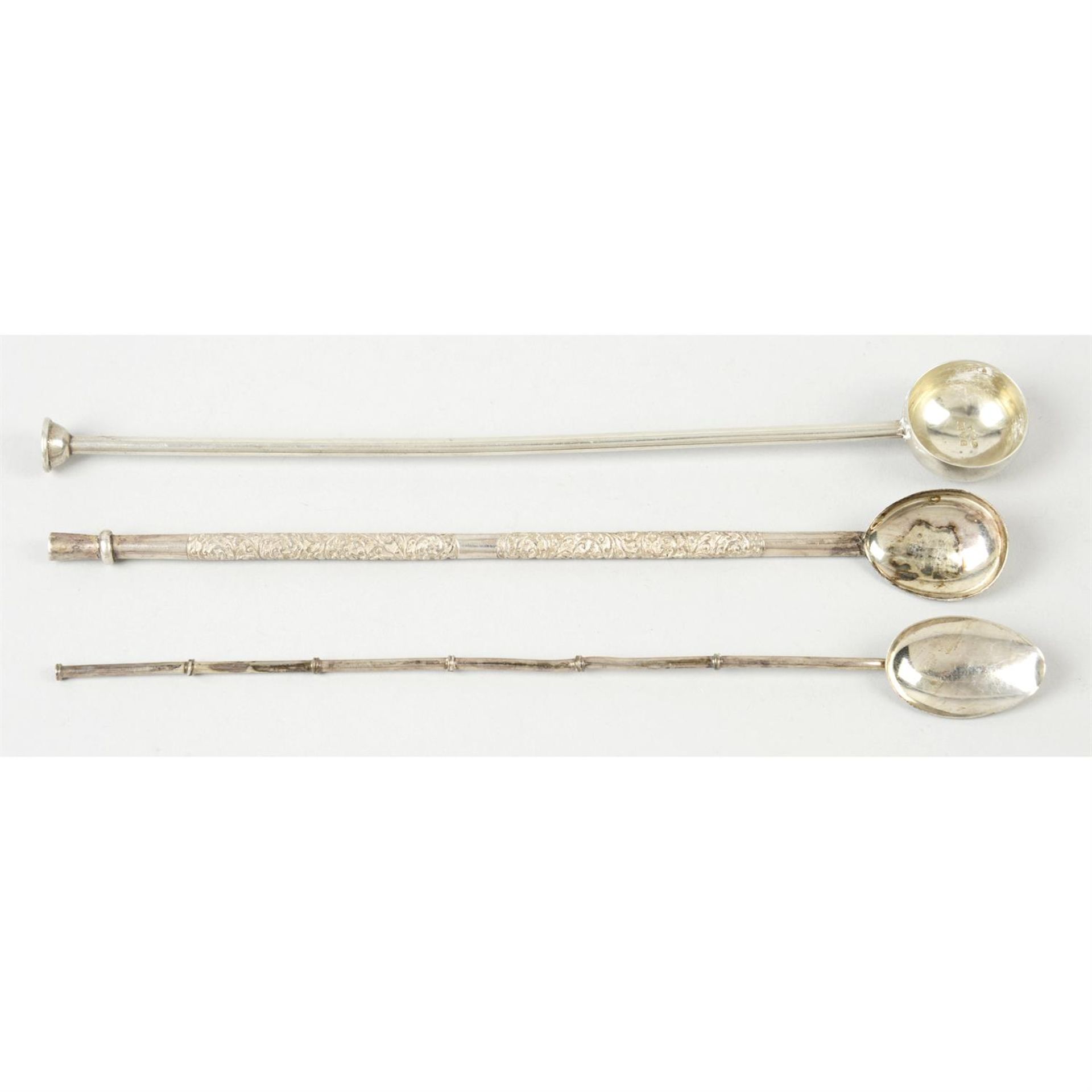 An Edwardian silver novelty spoon/straw by Sampson Mordan; together with two other similar examples.