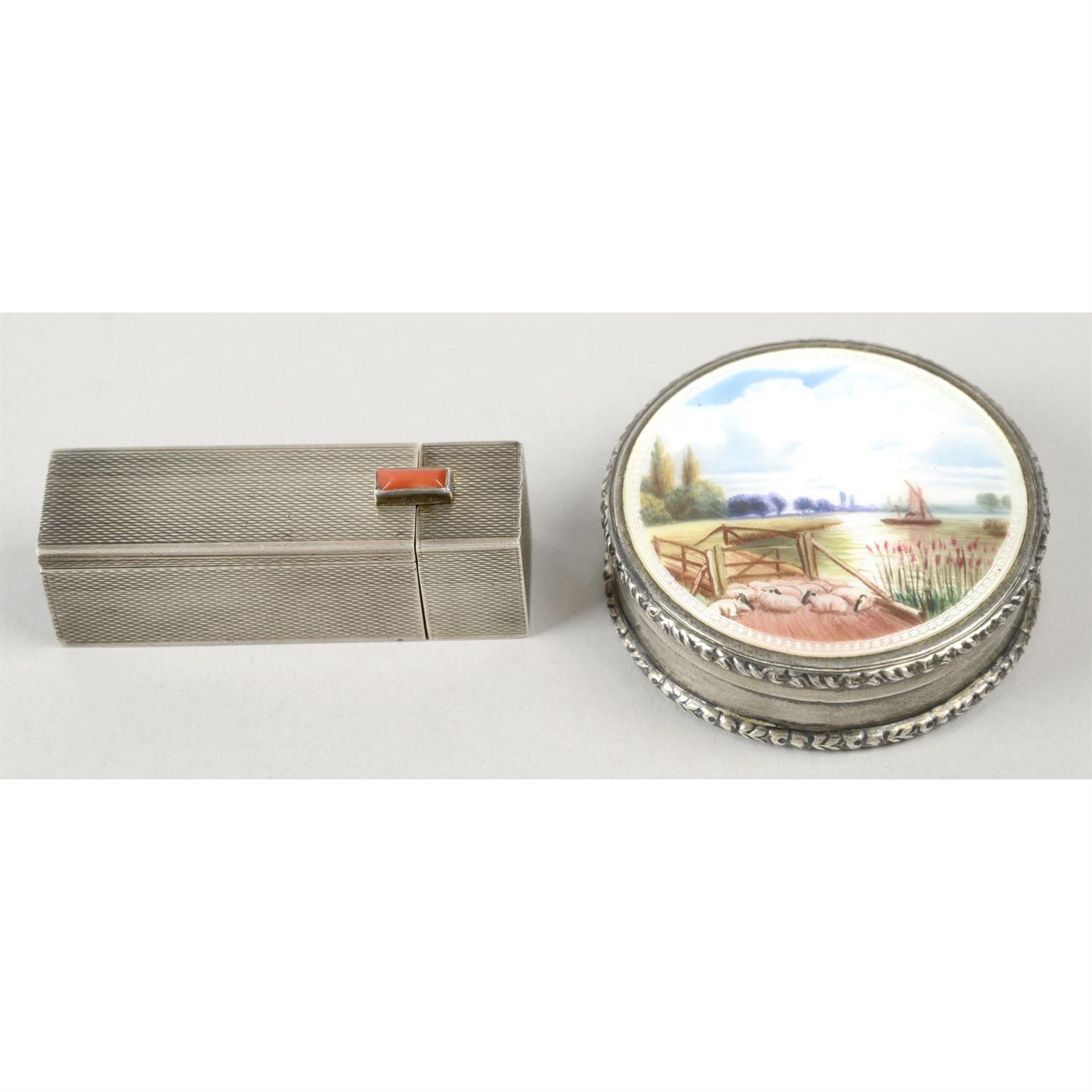 A small silver & enamel circular compact with import marks; together with a lipstick holder. (2).