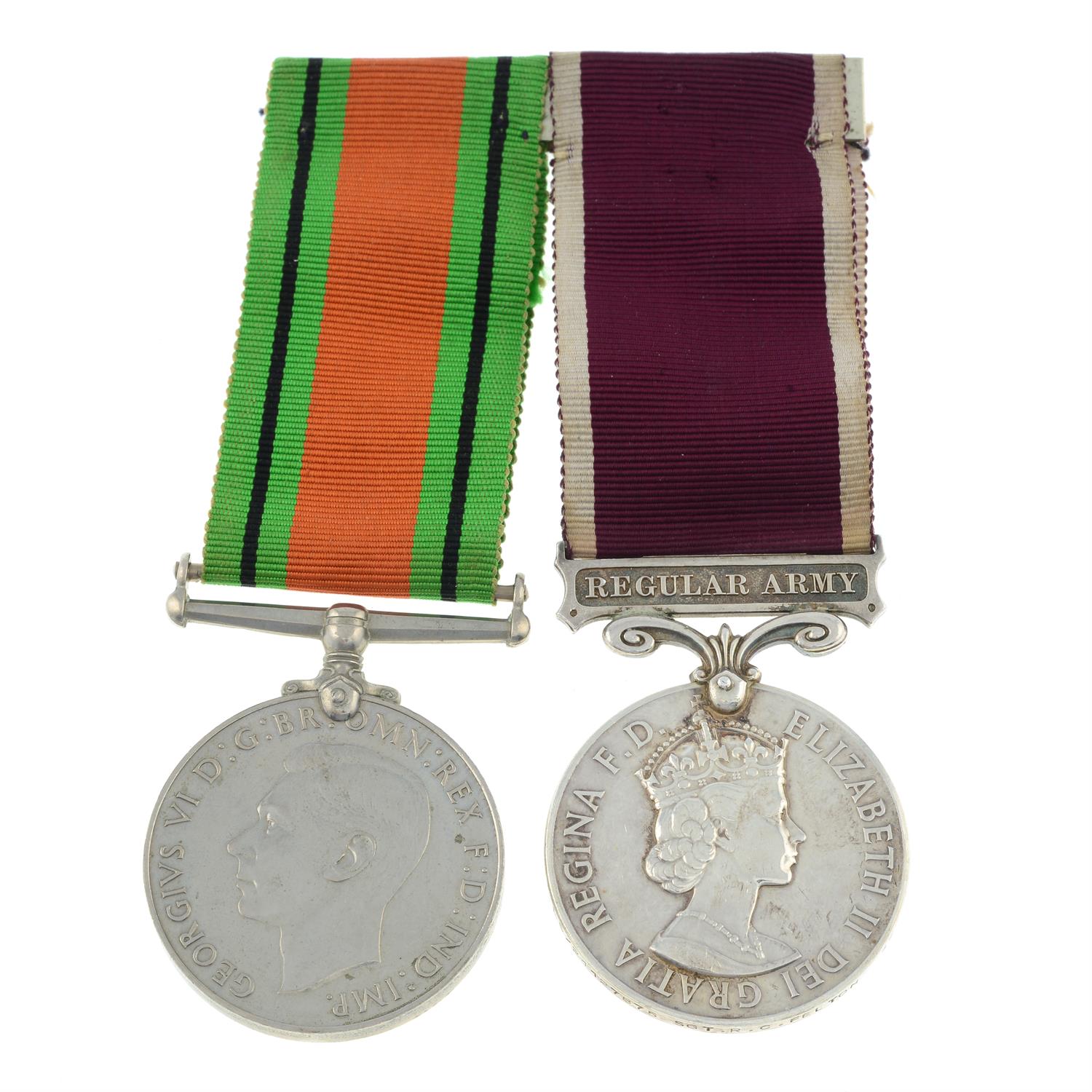 A WWII Defence Medal, together with an Army Long Service and Good Conduct Medal. (2).