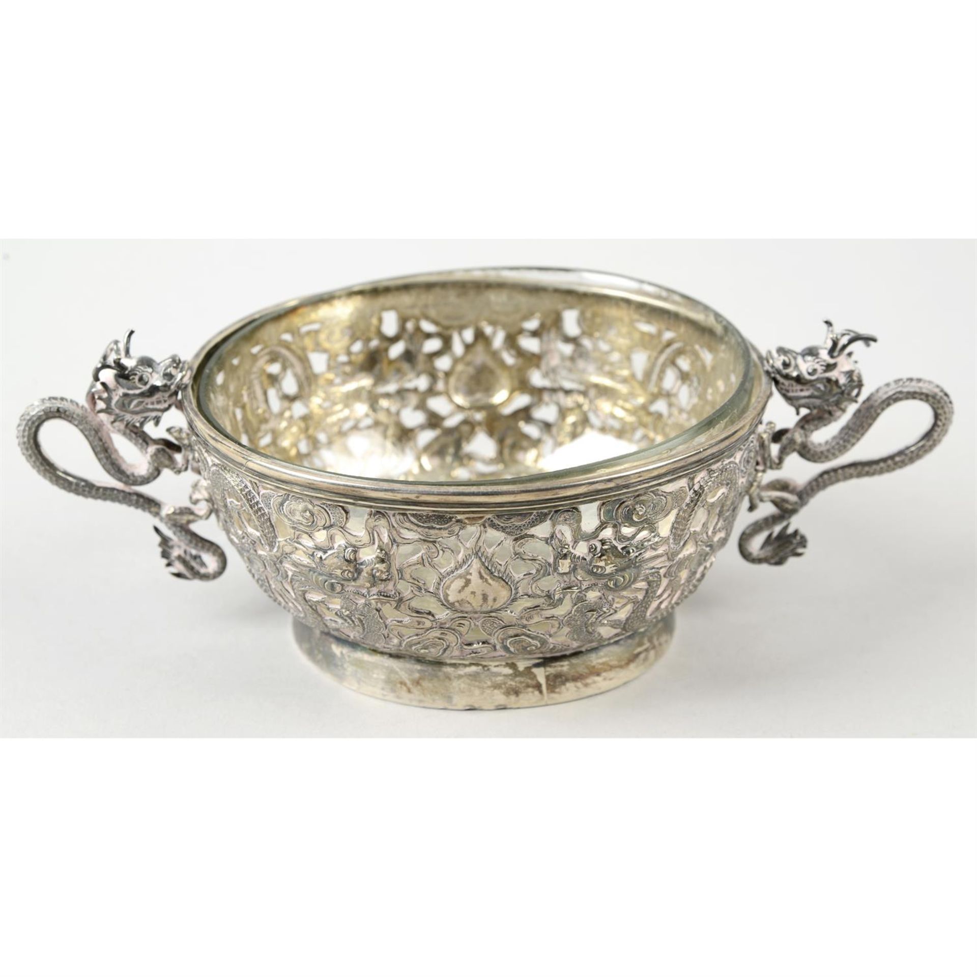 A Chinese export silver twin-handled pierced bowl.