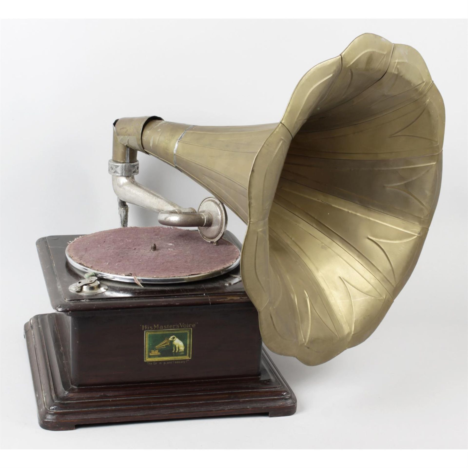 A stained wooden cased mechanical gramophone with fitted brass horn, a/f.