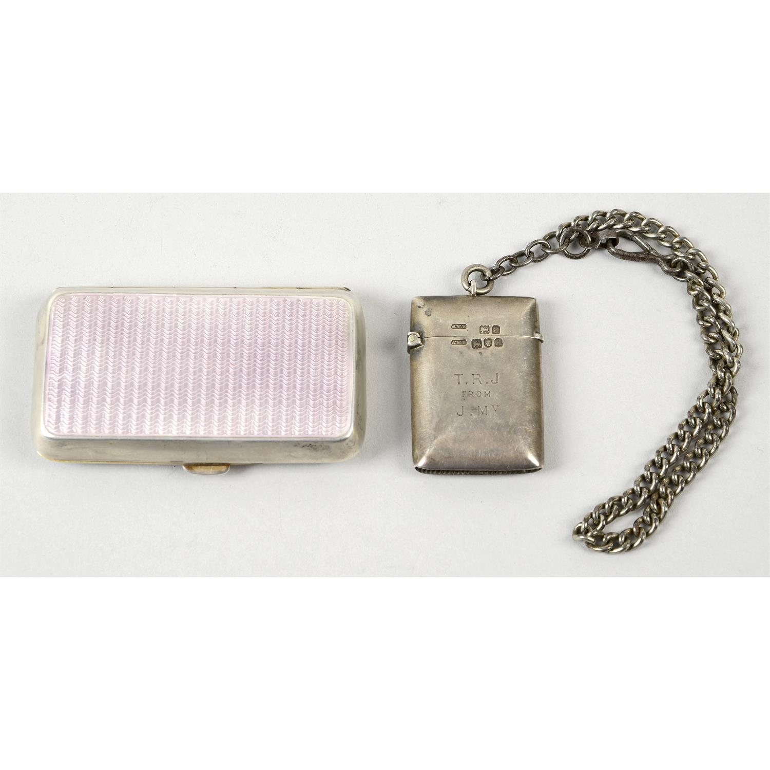 A George V silver & enamel cigarette case; together with a late Victorian silver vesta case on