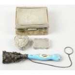 A small selection of novelty items, to include a silver vinaigrette, a silver heart shaped box,
