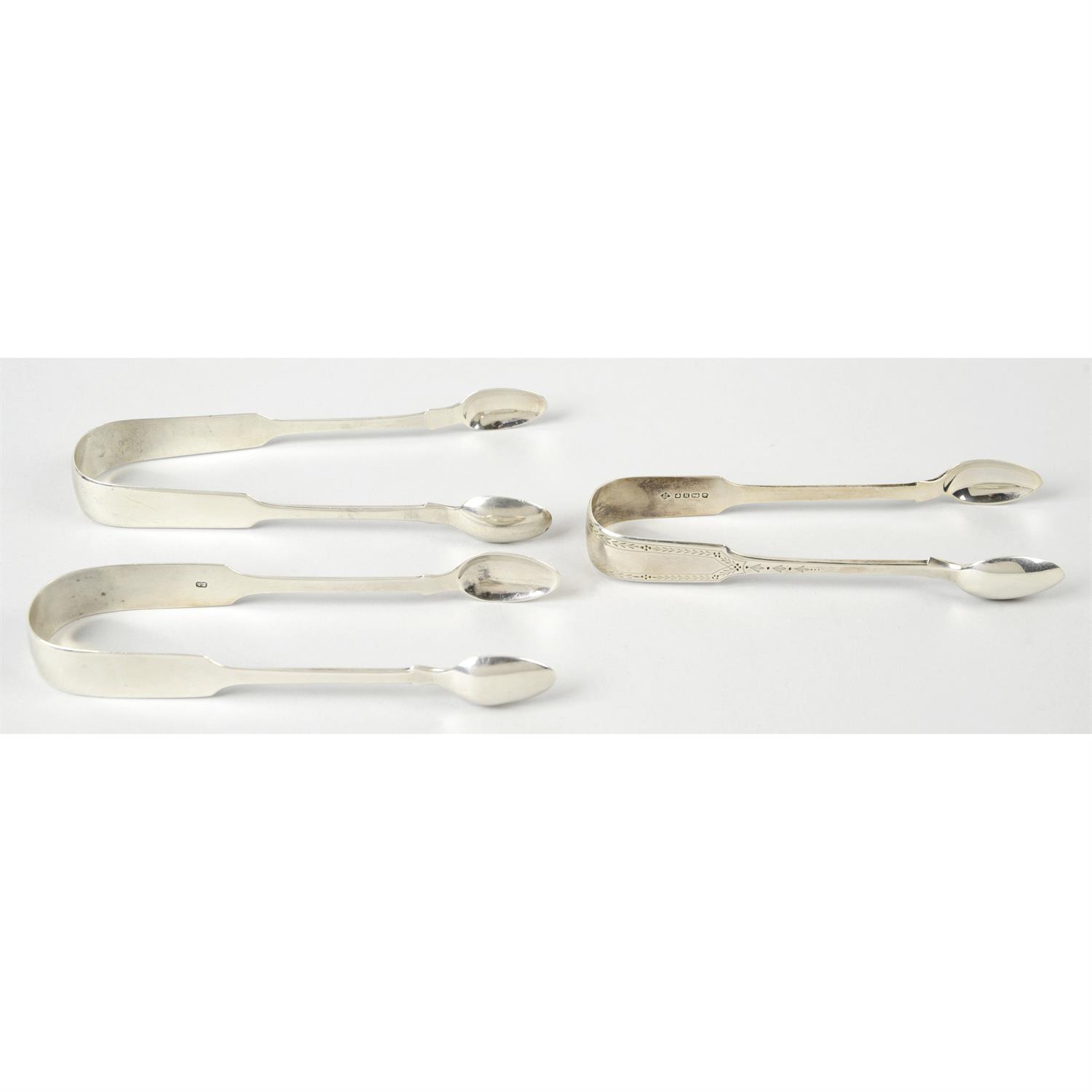 Three pairs of Victorian silver Fiddle pattern sugar tongs, hallmarks for Exeter,
