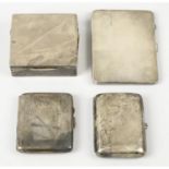 Three silver cigarette cases; together with a small silver mounted table cigarette box. (4).