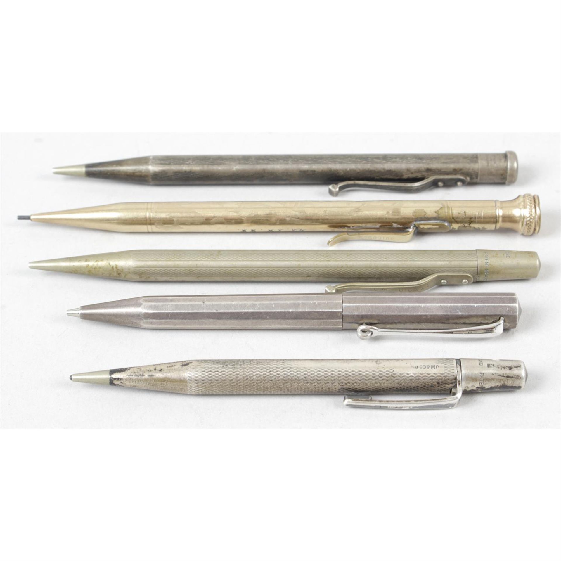 Two Yard-O-Led propelling pencils, together with three similar examples. (5)