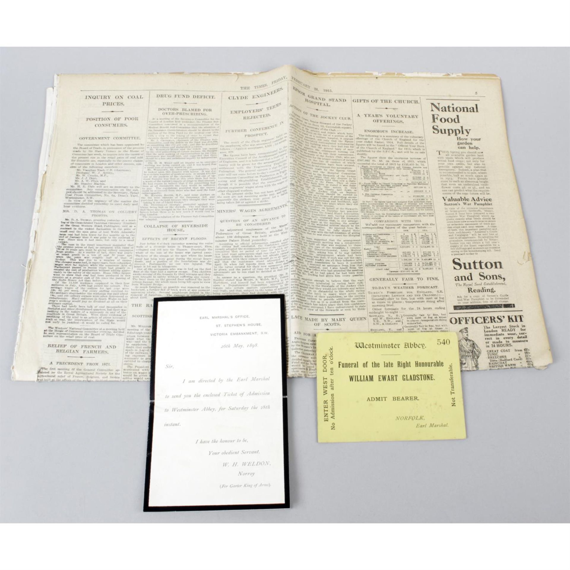 An unusual Victorian printed letter detailing a ticket for the funeral of W. E. Gladstone,