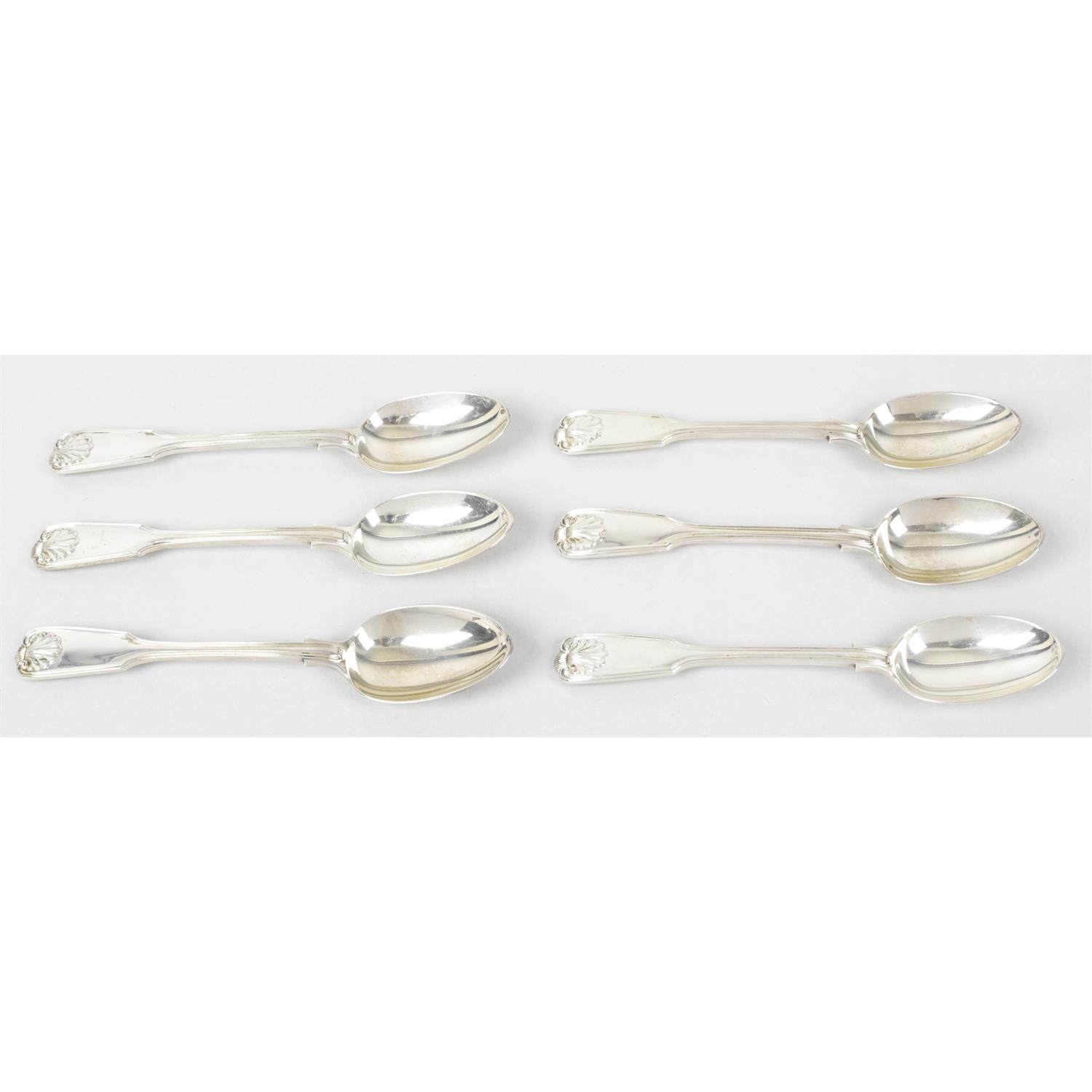 A set of six Victorian silver teaspoons, in Fiddle, Thread & Shell pattern.