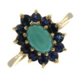 A 9ct gold green gem and sapphire cluster ring.