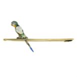 An early 20th century 15ct gold mabe pearl and enamel bird bar brooch.
