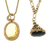 An early 20th century paste ornate pendant, with rope chain, together with a 9ct gold onyx fob