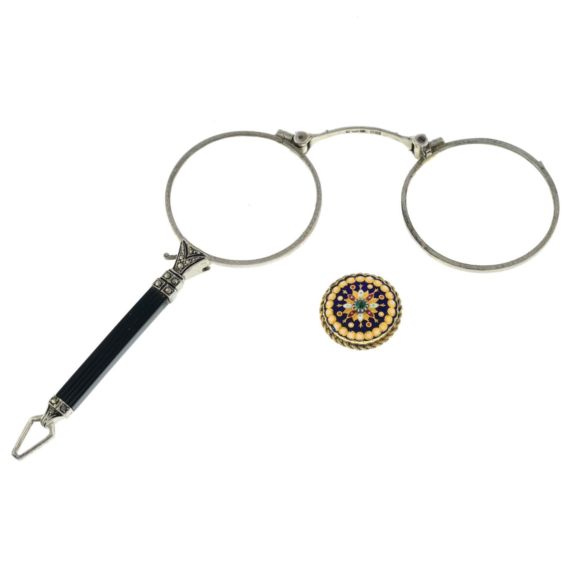 A marcasite lorgnette, and an enamel and paste stud.