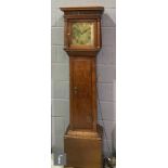 A late 18th Century oak longcase clock with 30-hour movement striking on a bell, the hood with blind