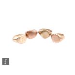 Four 9ct signet rings to include rose and yellow gold examples, total weight 20.5g, various styles