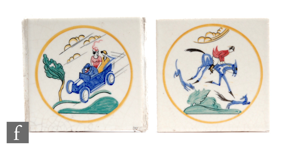 Two Carter's Poole Pottery 6 inch tiles from the Sporting series designed by Edward Bawden,