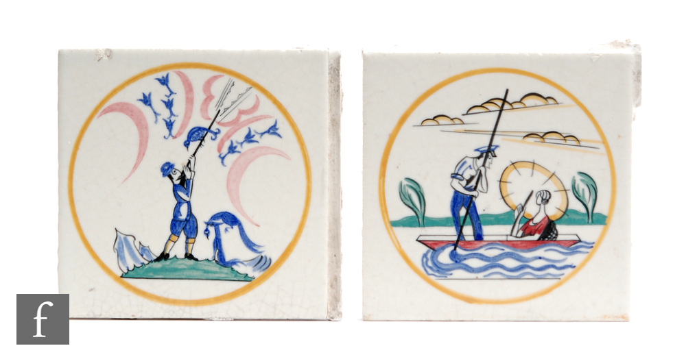 Two Carter's Poole Pottery 6 inch tiles from the Sporting series designed by Edward Bawden