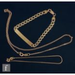 Three 9ct bracelets to include an identity and a fine box link example, total weight 9.5g. (3)