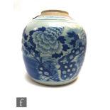 A Chinese 19th Century blue and white jar, decorated with lotus and rockwork, with Jianding export